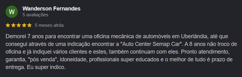 Avaliação 5 estrelas de Wanderson Fernandes no Google, contando que há 8 anos não troca de oficina e já indicou vários clientes, elogiando pronto atendimento, garantia, pós-venda e prazo de entrega